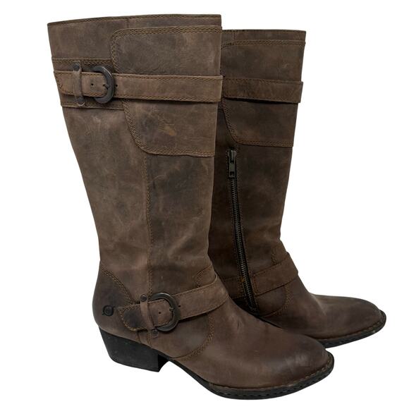 Born Tall Leather Riding Boots Women’s Size 8.5 Brown Buckle Strap Comfort - Picture 1 of 6